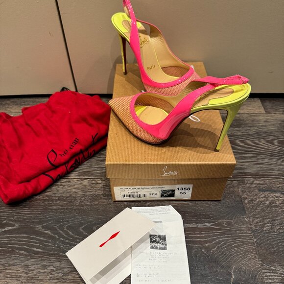 Christian Louboutin Shoes - Christian Louboutin Miluna Sling 100 Neon Patent Leather- Trimmed Raffia Pumps